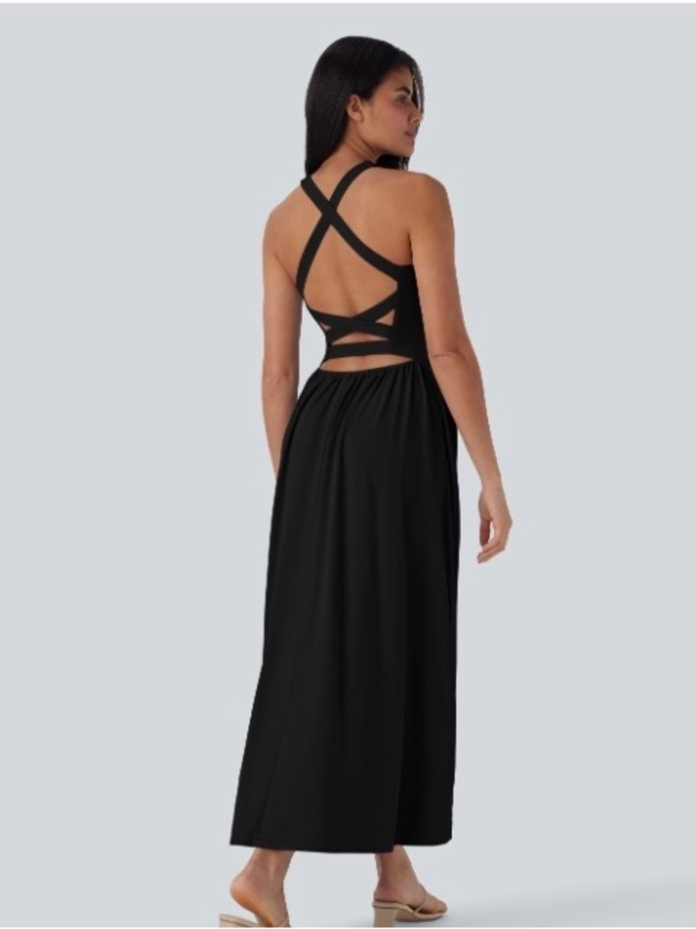 HALARA Breezeful Black Sleeveless Maxi Dress CRISSCROSS BACK LARGE